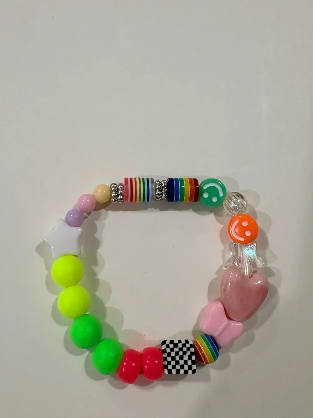 Kids Rainbow Bead Stretch Bracelet - Neon Green & Pink